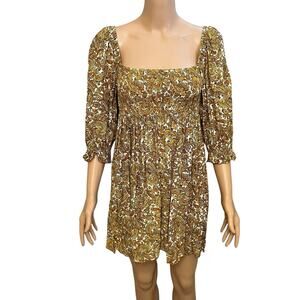Faithfull The Brand Alina Smocked Mini Dress Size 4 Paisley Puff Sleeve Babydoll